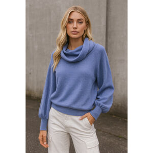 Anthropologie Blue Cowl Neck Sweater Medium Merino Wool Knit Pullover Cozy Top